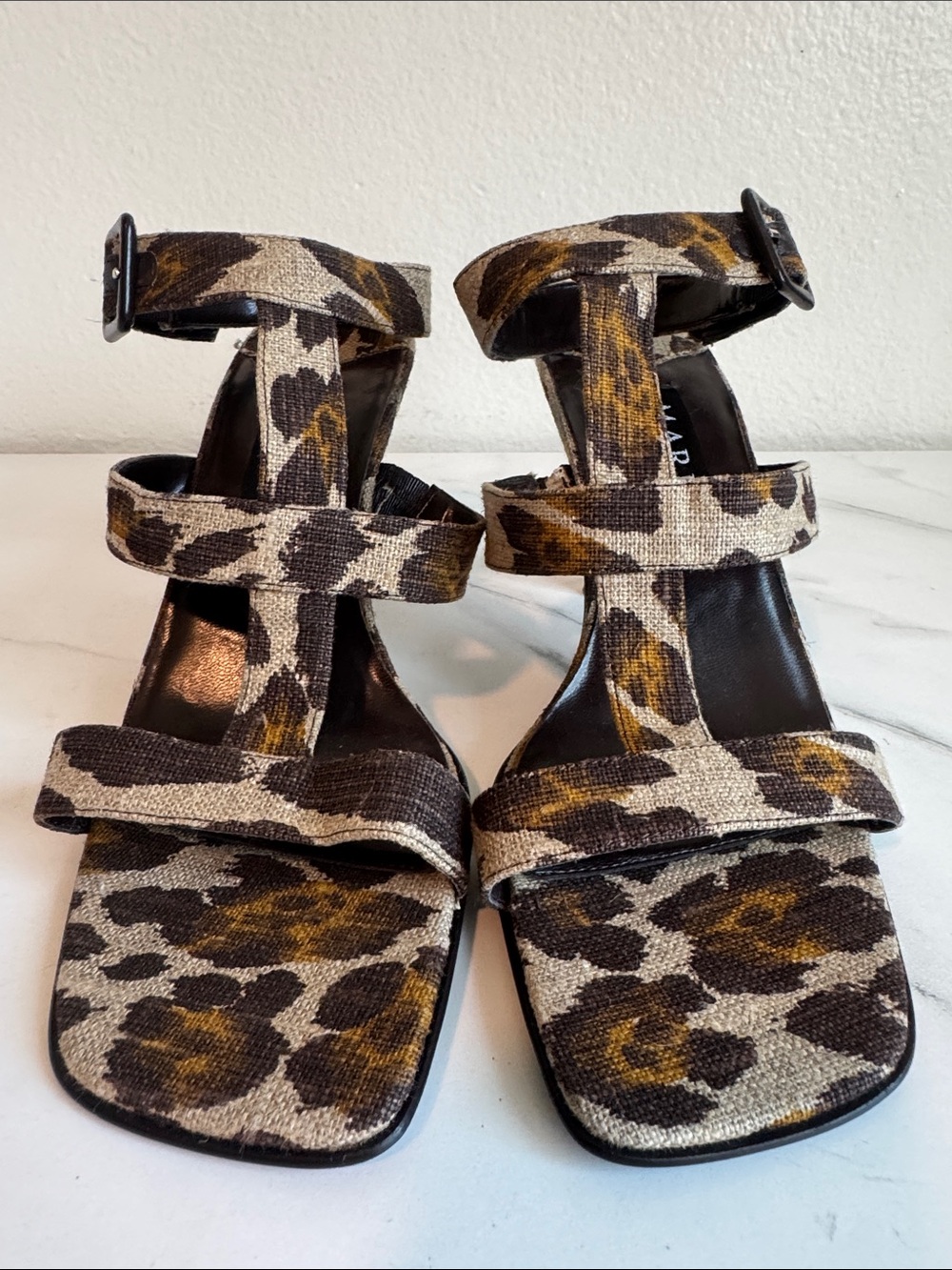 Animal-Print Strappy Heeled Sandals with Faux-Bamboo Women’s Size 9